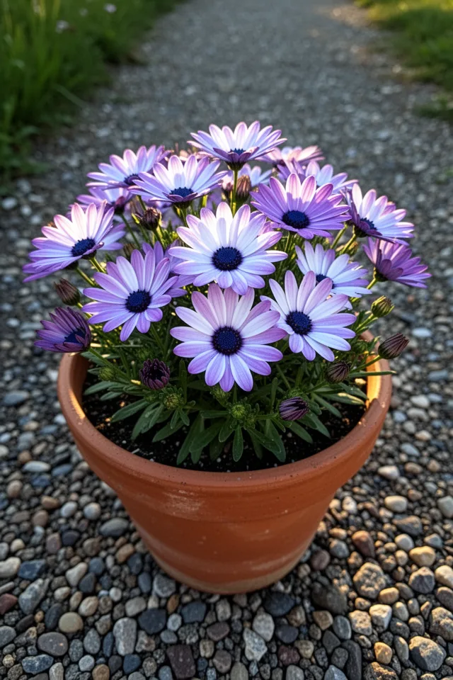 16 Container Gardening Flowers That Bloom All Season A clay pot of purple and white daisy-like flowers with a dark blue center disk. The petals are slightly spoon-shaped. Late afternoon sun makes the petals glow. The plant is compact, about 10 inches tall. A few flowers are closed — it