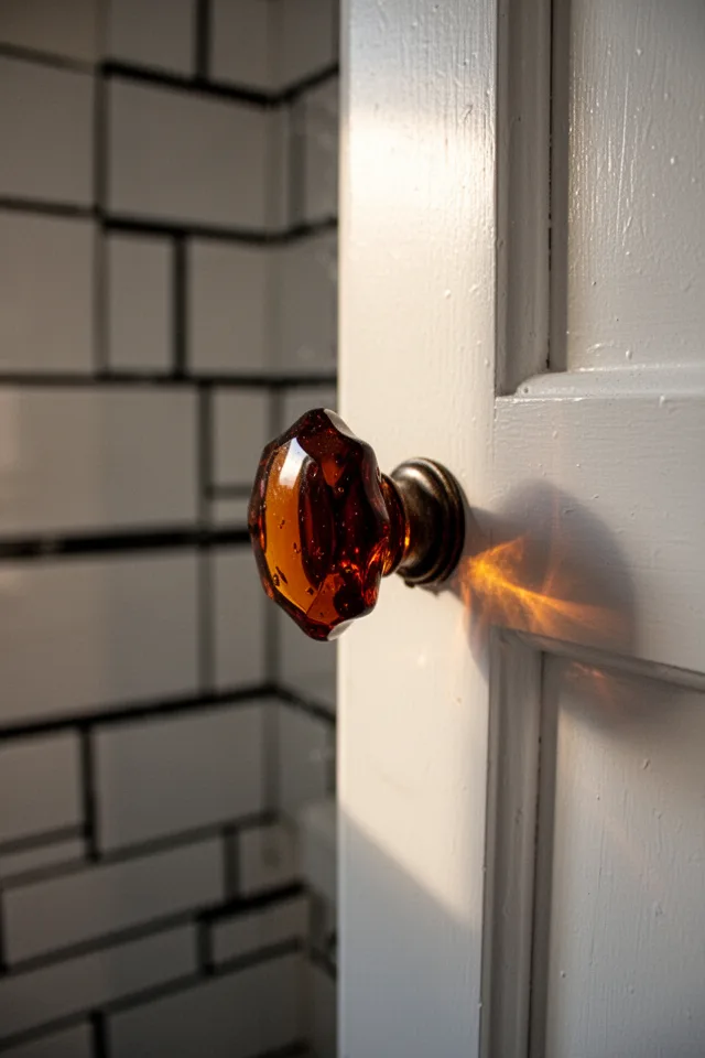 A close-up of a bathroom cabinet door with a vintage glass knob in a deep amber color, set against white painted wood. The knob is faceted, catching a single shaft of light. Behind it, a wall of classic subway tile with black grout is faintly visible. The photograph is slightly shallow depth of field — the knob is sharp, the background soft. The light has a warm, late-afternoon quality.