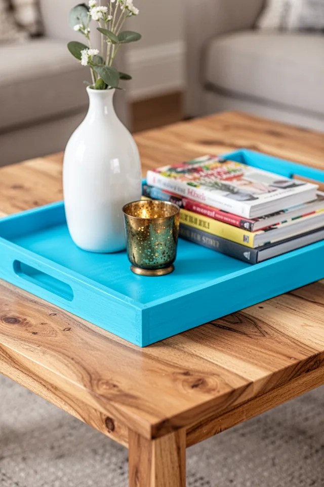 A close-up of a coffee table with a removable tray painted a vivid cyan blue, sitting on a natural wood table. On the tray are a white ceramic vase, a brass candle holder, and a stack of books with colorful spines. The tray is the hero. The table is otherwise plain.