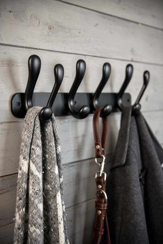 A close-up of a wall-mounted hook rail with a unique design: each hook is a smooth, rounded knob that is slightly angled upward, not a traditional J-hook. A scarf hangs neatly on one, a coat on another, a dog leash on a third. The hooks are matte black metal, spaced 8 inches apart. The wall behind is a rustic shiplap painted light gray. No tangles. The photo shows a scarf draped without folding. The background is slightly blurred to emphasize the hook shape. 50mm lens, shallow depth.