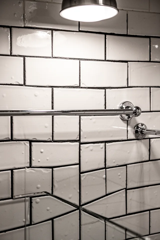 A close-up of classic 3x6 inch white subway tiles with deep black grout lines. The tiles have slight handcrafted irregularities — uneven edges, tiny dimples in the glaze. The grout is matte, not glossy. A chrome towel bar is mounted on the tile. The light from an overhead fixture casts shadows that accentuate the grid pattern. The overall feel is crisp but not sterile, like an old deli bathroom that has been lovingly maintained.