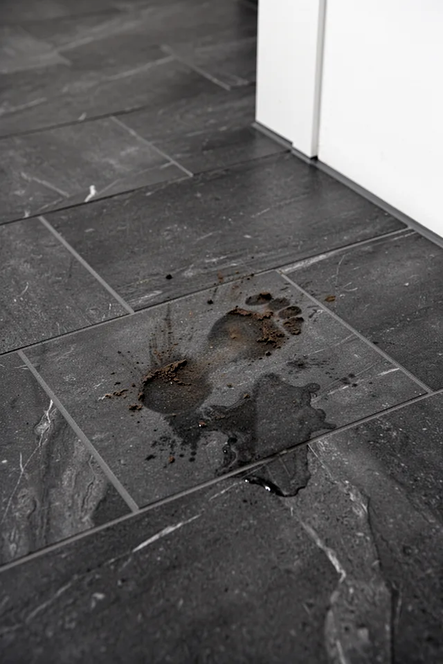 A close-up of the floor: large-format porcelain tiles in a dark charcoal, laid in a staggered offset pattern. The tile has a slight matte finish and a subtle linear texture that mimics natural stone. A muddy footprint is visible but blends into the darker areas of the tile. The grout is a matching dark charcoal. A corner of a white wall shows the contrast. The image is shot from a low angle, almost on the floor, showing the texture and a small puddle of water. The effect is that the mess is barely noticeable.