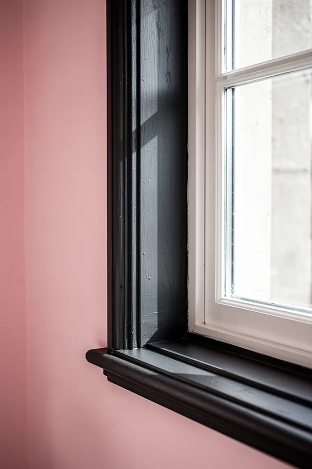 A close-up of window trim painted a deep charcoal against pale pink walls. The contrast is sharp but harmonious. The window itself is white-framed. Natural light creates a crisp shadow line between the pink wall and charcoal trim. Slightly architectural, moody, deliberate.
