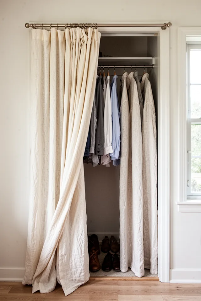 A closet opening with a tension rod and wide linen curtains pulled to one side. The closet interior is visible: shirts hanging, shoes on the floor. The fabric is cream-colored, softly wrinkled. Natural light from a room window. Simple, airy, unpretentious.