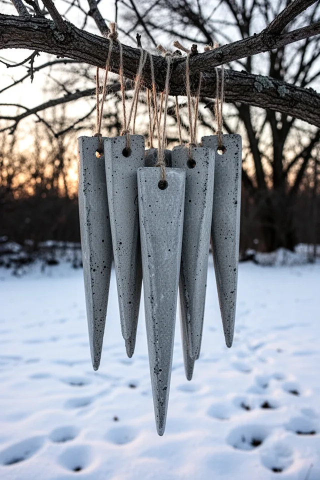 A cluster of concrete icicles hanging from a tree branch. Each icicle is about 6 inches long, tapered, with a small hole at the top for hanging twine. They