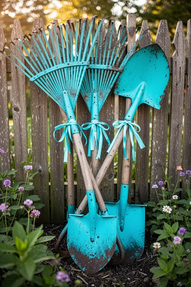 A cluster of old garden tools—a rake, a hoe, a shovel—spray-painted in bright turquoise and arranged in a decorative display against a fence. The handles are tied with ribbon. Morning light, playful garden corner.