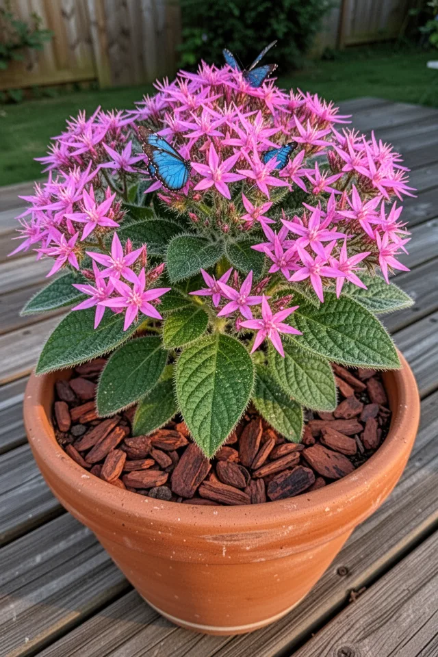 16 Container Gardening Flowers That Bloom All Season A cluster of star-shaped pink flowers on a bushy plant in a glazed terra cotta pot. The leaves are slightly hairy, deep green, with prominent veins. The pot sits on a wooden deck in the morning light. A blue butterfly rests on one flower head. The soil surface is covered with cocoa-mulch chips.