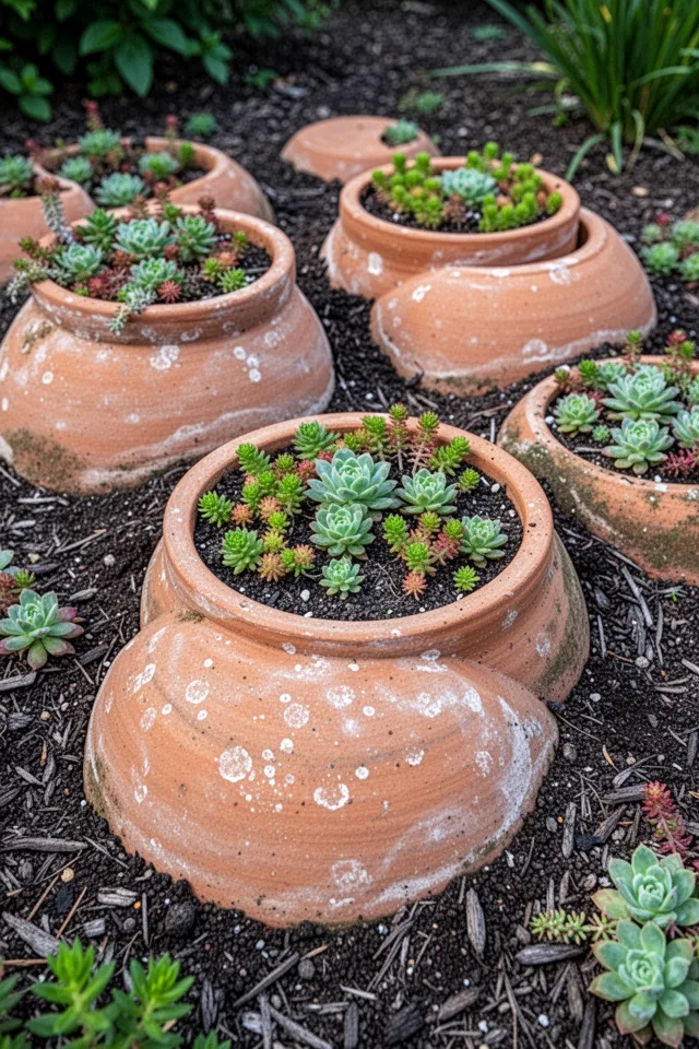 A cluster of terracotta pots of various sizes set into the ground so only the rims and a few inches of the body are visible. Each is planted with low‑growing succulents and sedums. The terracotta is unglazed, aged, and has a slight white efflorescence. The surrounding soil is dark and mulched. The pots look like they grew there.