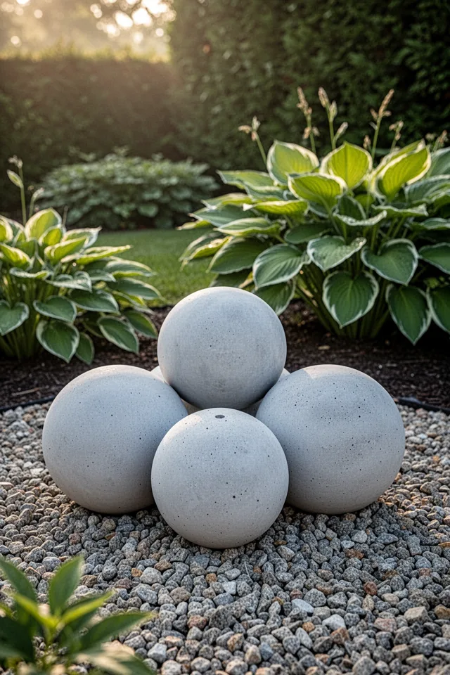 A cluster of three smooth concrete spheres (4 inches, 6 inches, and 8 inches) sitting on a bed of gravel in a garden. The spheres are pale gray and perfectly round. Morning light, hostas in the background.