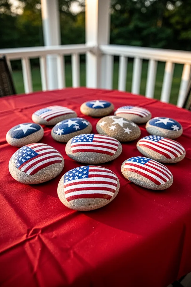 A collection of smooth river stones painted with small American flags, stars, and stripes. They