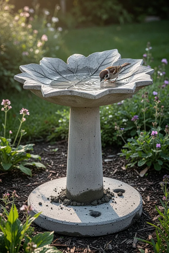 A concrete birdbath in a garden. The pedestal is a concrete umbrella base (filled with concrete), the bowl is a large concrete leaf casting (from idea #1). The bowl sits on top of the pedestal. A sparrow is drinking from it. Morning light.