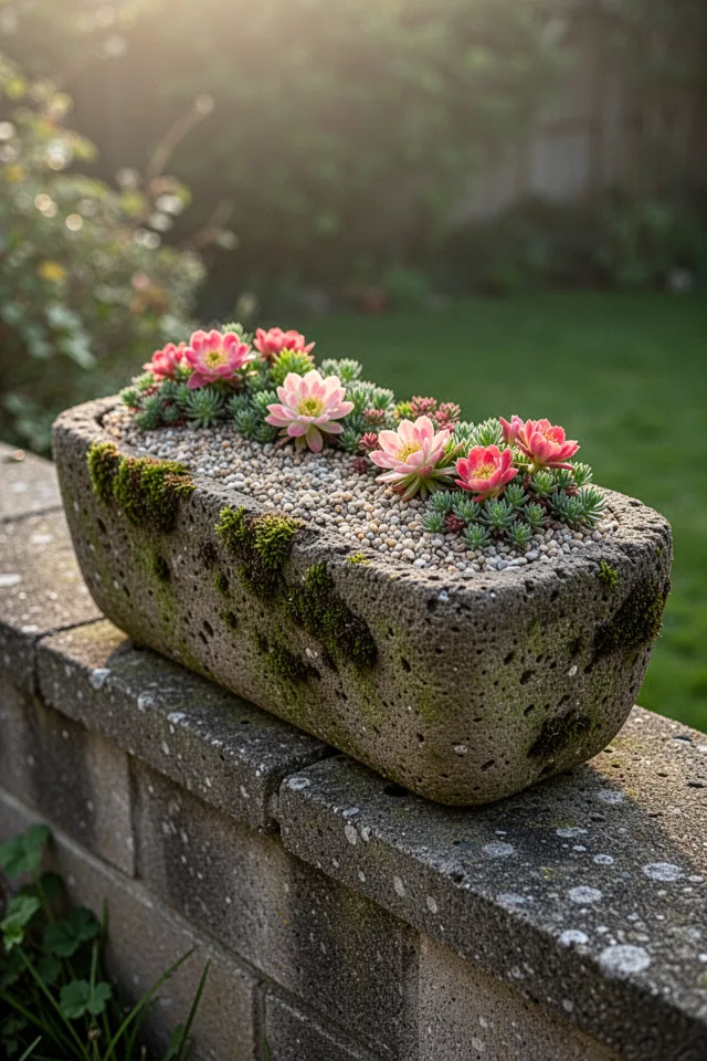 A concrete or hypertufa trough (2 feet long, 1 foot wide) sitting on a low wall. It