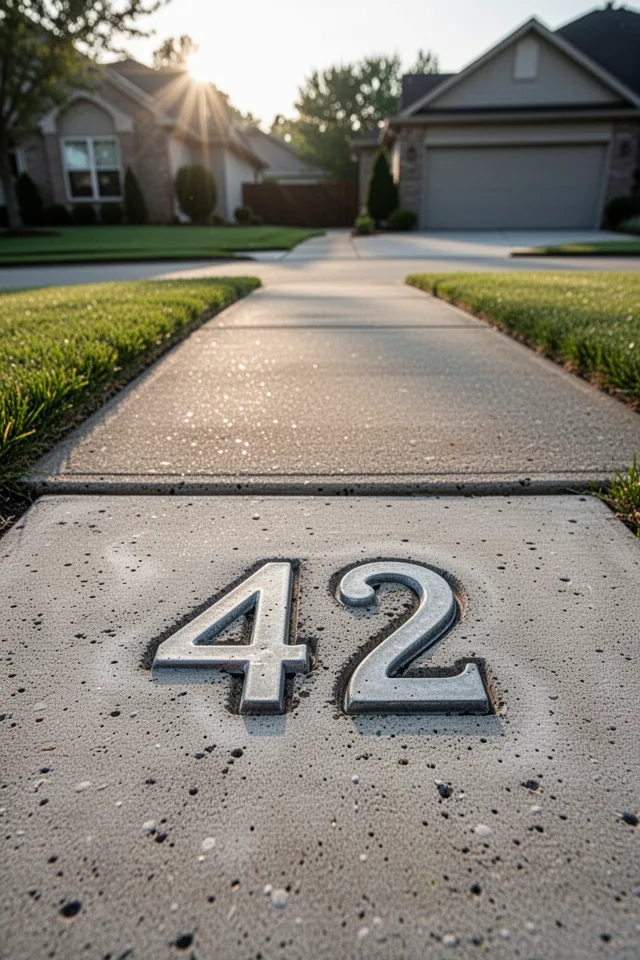 A concrete stepping stone (12x6 inches) with the house number "42" embedded in it using metal numbers pressed into the wet concrete. The stone sits at the end of a driveway. The numbers are clear and recessed. Morning sun, tidy suburban setting.