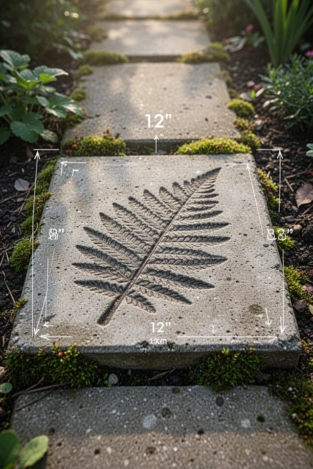 A concrete stepping stone with the impression of a fern leaf pressed into the surface. The stone is 12 inches square, the fern impression is deep and detailed. The stone sits in a garden path, moss growing around the edges. Morning light.