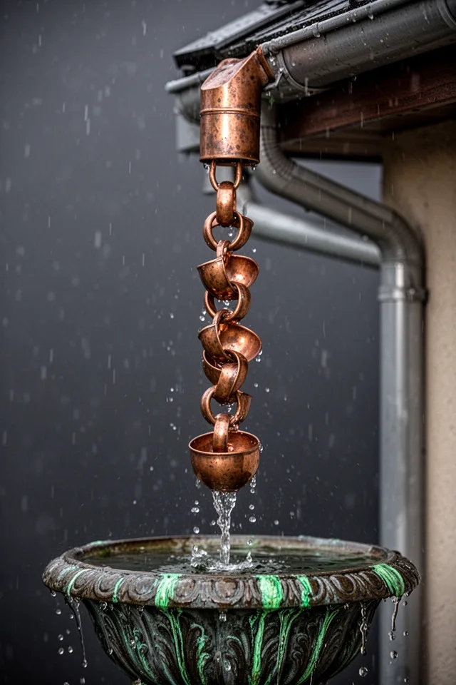 A copper rain chain hanging from a gutter downspout, with water trickling down into a decorative basin below. The copper has begun to patina with green streaks. The chain is made of interlocking cups. Raindrops visible, dark grey sky in background. Close-up, water in motion.