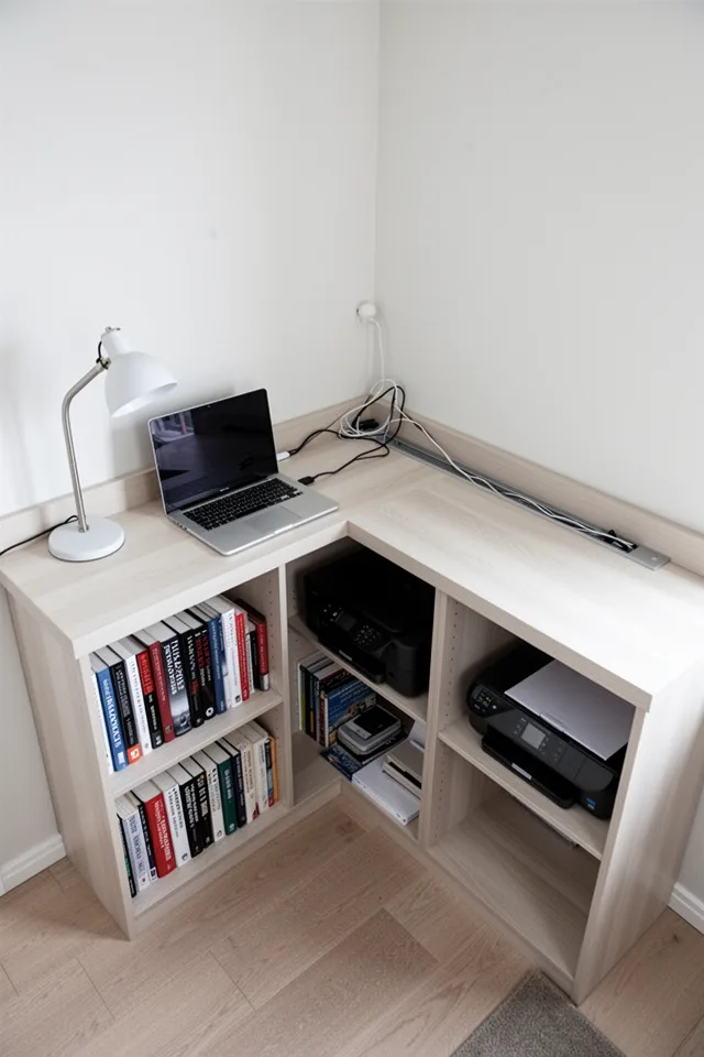 A corner desk made from a single deep shelf that spans both walls, with a small bookshelf unit built beneath it. The desk surface holds a laptop and a lamp. The shelves below hold reference books and a printer. Cables are managed through a channel along the back. The corner is used as a home office. Minimal, clean. Photo taken from a high angle, showing the L-shaped desk surface and the storage beneath.