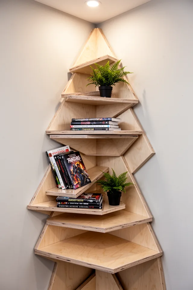 A corner shelf unit that is essentially a series of triangular plywood shelves stacked vertically, each rotated slightly so they form a spiral. The shelves are natural birch plywood with clear coat, showing the layered edges. A stack of graphic novels on one shelf, a small potted fern on another. Soft ambient light from above. The spiral shape draws the eye upward. Modern, sculptural. Photo from a three-quarter angle showing the rotating geometry.