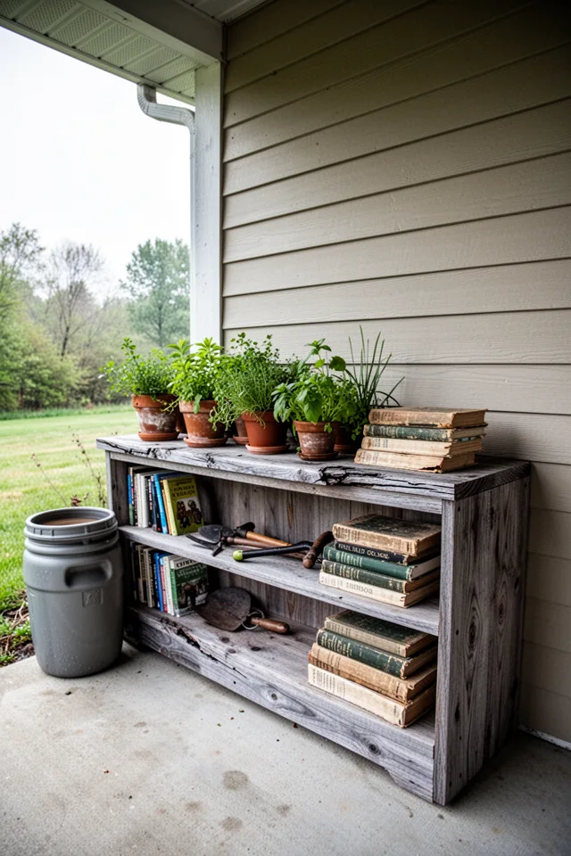 A covered porch corner with a low, wide bookshelf made of cedar. The shelf holds potted herbs, a few garden tools, and a stack of weathered field guides. The wood is grey and cracked in places. A rain barrel sits beside it. The corner is shaded by an overhang. The shelf feels like it belongs there, not like it was moved outside. Photo taken on an overcast day, showing the natural patina of the wood.
