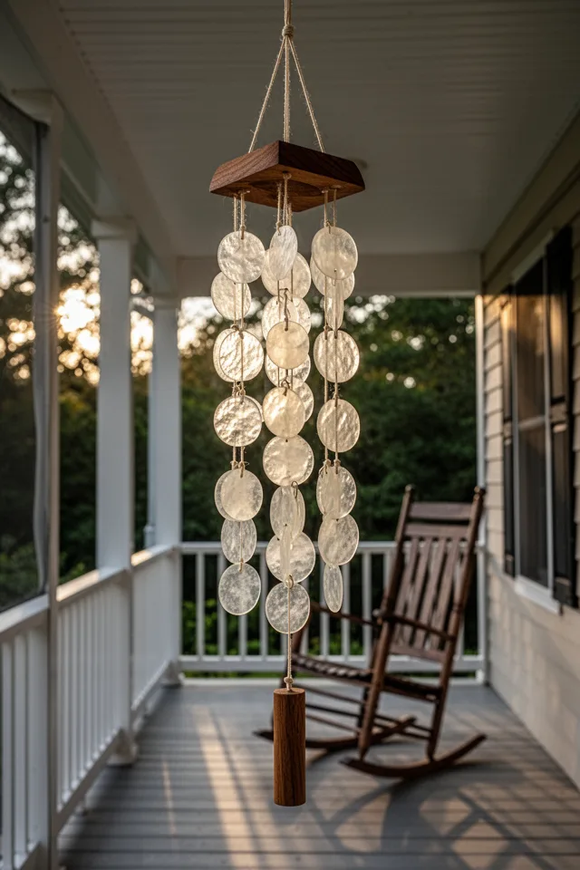 16 Capiz Shell Decor Ideas For A Dreamy Coastal Summer A covered porch with a capiz shell wind chime hanging from the ceiling. The chime has a wooden top piece, capiz discs strung on waxed cotton cord, and a wooden bottom striker. Late afternoon sun filters through the shells. A rocking chair is visible in the background.