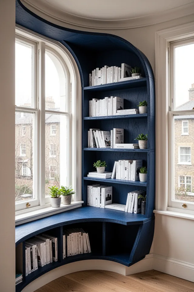 A curved bookshelf built into a bay window corner. The shelf follows the curve of the wall, made from flexible plywood or a series of short straight segments. The shelf is painted navy blue, with white books and a few small plants. The light from the window is soft, diffuse. The curve creates a sense of enclosure. Warm, intimate, like a reading niche. Photo taken from inside the bay window, looking outward, showing the shelf wrapping around the corner.