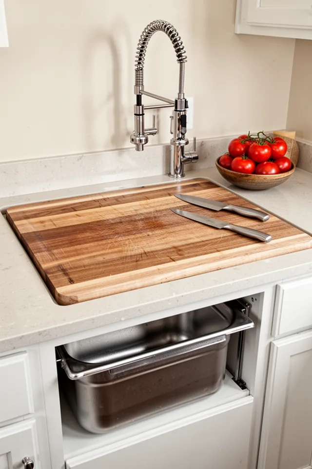 A dedicated prep counter with a large wooden cutting board recessed into the surface. Just below the board, a stainless bin is hidden under a flip-up lid. A faucet with a pull-out sprayer is mounted to the wall above. On the counter, a bowl of tomatoes and a chef’s knife.
