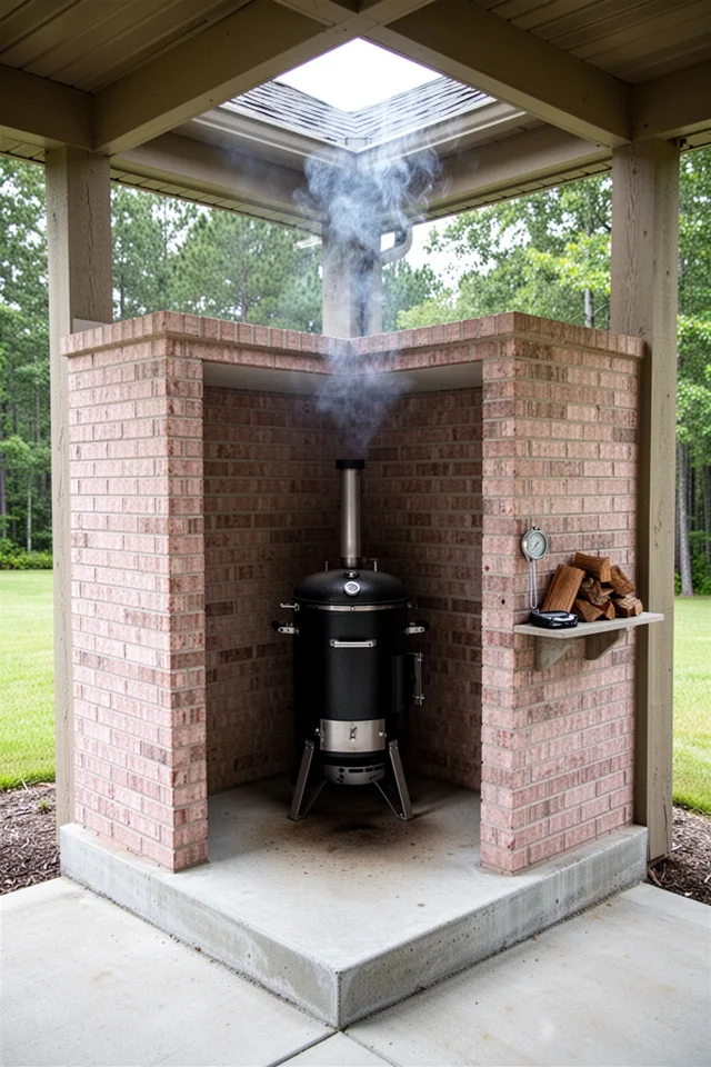 A dedicated smoker station built into a corner of the covered patio. The base is a thick concrete slab. Three sides are enclosed with brick, leaving the front open. A vertical smoker sits inside. On the side of the brick enclosure, a small shelf holds wood chunks and a meat thermometer. The brick has a slight rosy tone. Smoke curls up and out through an open roof gap.