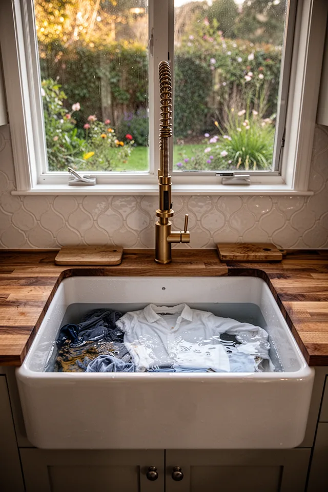 A deep, apron-front fireclay sink (farmhouse style) set into a butcher-block countertop. The sink is filled with soaking laundry — a white shirt in a solution of water and oxygen bleach. A tall, gooseneck faucet with a pull-down sprayer hangs above. The faucet has a slight matte brass finish. The countertop has one small cutting board resting on it. The backsplash is white zellige tile with subtle variations in gloss. The window above shows a view of a garden. Warm afternoon light. Photographed straight on, 35mm, slight reflection in the water.