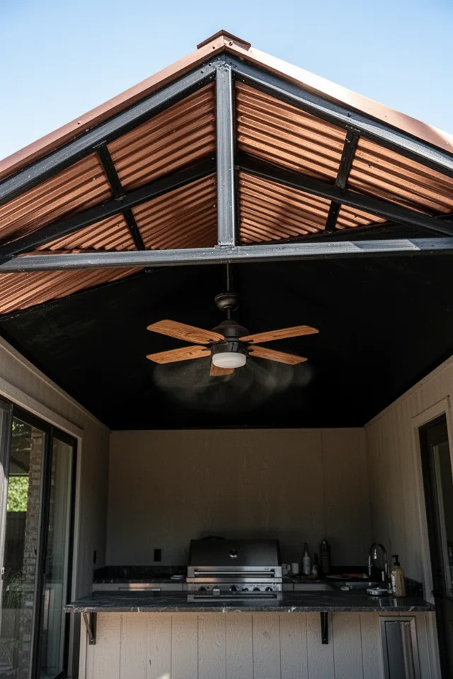 A deep roof overhang made of corrugated metal extends from the house over the outdoor kitchen. The metal is a warm bronze color, and the underside is painted matte black. A ceiling fan hangs from the metal framing at the ridge. The fan has wooden blades and an integrated light. Below, the kitchen counter is in shadow, and the fan creates a gentle breeze.