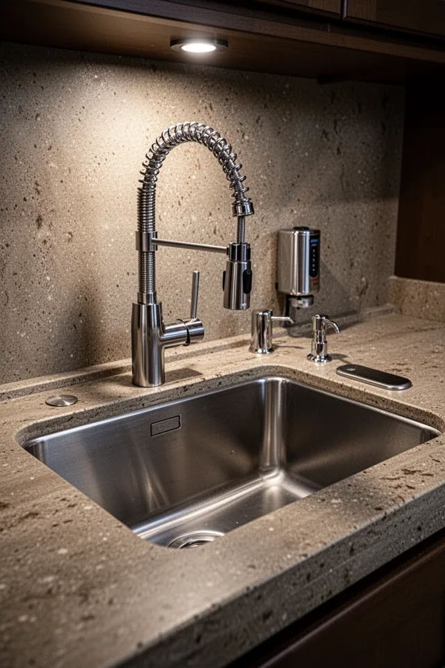 A deep stainless steel sink set into a stone counter. A pull-out sprayer is mounted on the faucet head. Next to the faucet, a small chrome lever operates an instant hot water dispenser. A soap dispenser is built into the counter. The sink is illuminated by a puck light above.