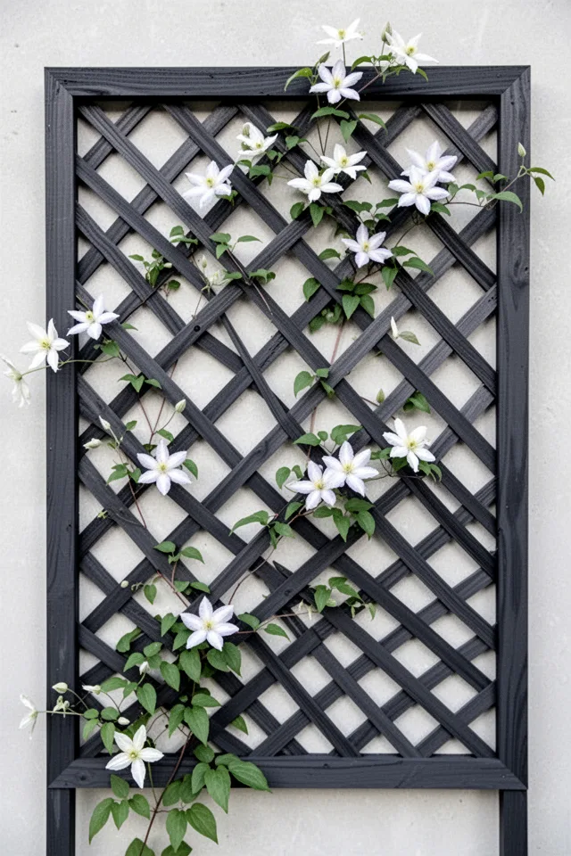 A diamond lattice panel made from thin cedar strips, but with a twist: the diamonds are much smaller than standard—1.5 inches across—and the lattice is painted a dark charcoal grey, almost black. It is mounted on a simple frame, and a white-flowering clematis crawls across it. The contrast makes the leaves and flowers pop.