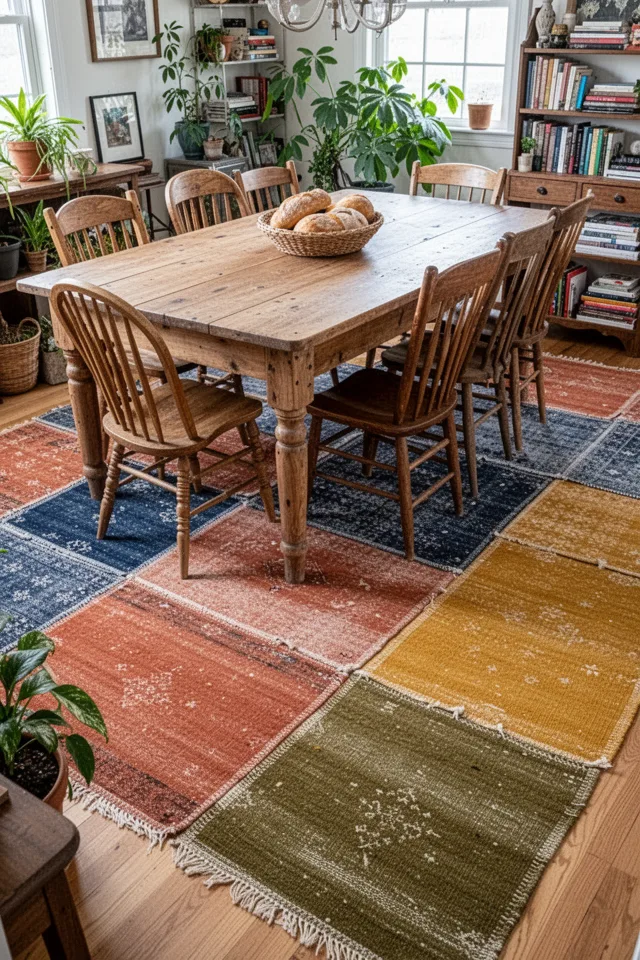 A dining room with a large farmhouse table and mismatched wooden chairs. The floor is covered in a patchwork of small vintage dhurrie rugs — each about 3x4 feet in different but coordinated colors: faded indigo, terracotta, mustard, and olive. They are arranged like a grid, but not perfectly aligned; some overlap slightly. The rugs are flatwoven, thin, with visible wear and frayed edges. The room is eclectic, full of plants, books. A basket of bread sits on the table. The overall feel is collected over time, not bought in one go.