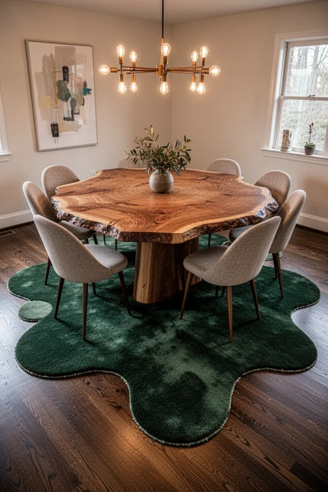 A dining room with a large round live-edge wooden table. Underneath, a custom rug shaped like an organic blot — no straight lines, no right angles. The rug is a deep forest green with subtle variations, made of cut-pile wool. The edges are unbound, raw. The shape echoes the curves of the table and the rounded chairs. The floor is dark stained oak. The rug sits slightly off-center, more like a puddle than a rectangle. The lighting is warm, from a mid-century chandelier. The room feels curated, artistic, a little unpredictable.