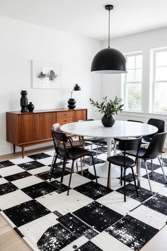 A dining room with a mid-century credenza and a round marble table. Underfoot, a carpet printed with a large-scale checkerboard pattern — alternating black and white squares, each about 12 inches, in a flatweave wool. The pattern is slightly distressed, looking like worn tile. The room has bright white walls and a few black accents. A large black pendant light hangs above the table. The rug defines the space boldly, almost like a painted floor. The effect is graphic, playful, but grounded.