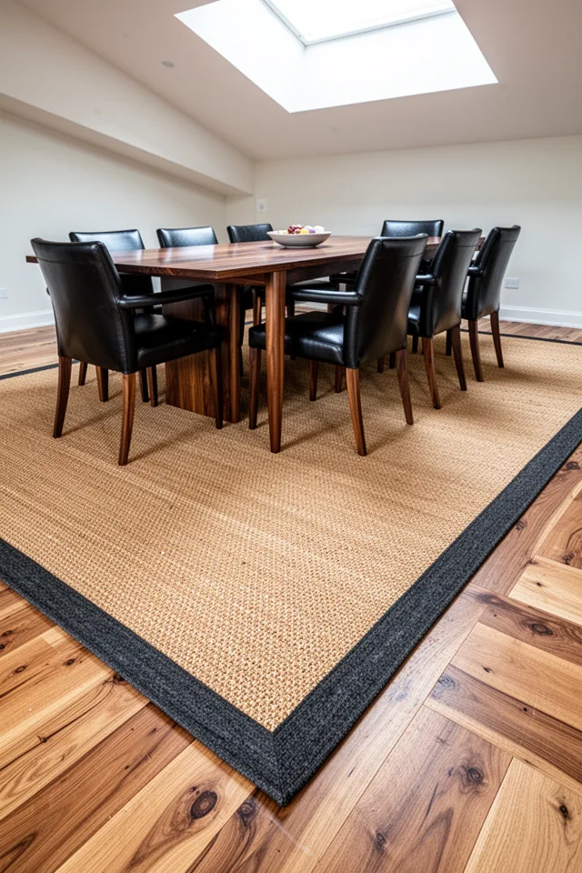 A dining room with a mid-century modern walnut table and black leather chairs. The floor is wide-plank oak. A large sisal rug covers most of the floor, but it has a dark charcoal border about six inches wide woven into the edge. The sisal itself is natural, tan, with a tight weave. The dark border creates a visual frame that keeps the rug grounded. The room is bright, with a large skylight. The texture of the sisal is visible: coarse, but not rough. The rug lies flat, no curling edges.