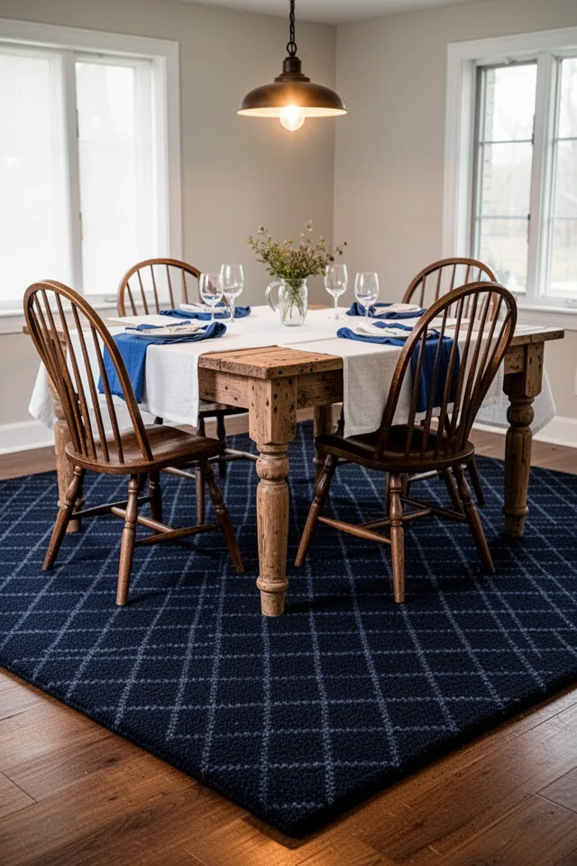 A dining room with a rustic farm table and Windsor chairs. Underneath, a thick wool rug in deep navy blue, with a subtle diamond pattern woven in a slightly lighter navy tone — barely visible from a distance, but clear up close. The rug is cut-pile, about half an inch thick. The room is lit by a warm pendant light, and the navy appears almost black in the shadows. A white tablecloth with blue napkins ties the color scheme together. The rug appears timeless, understated, elegant.