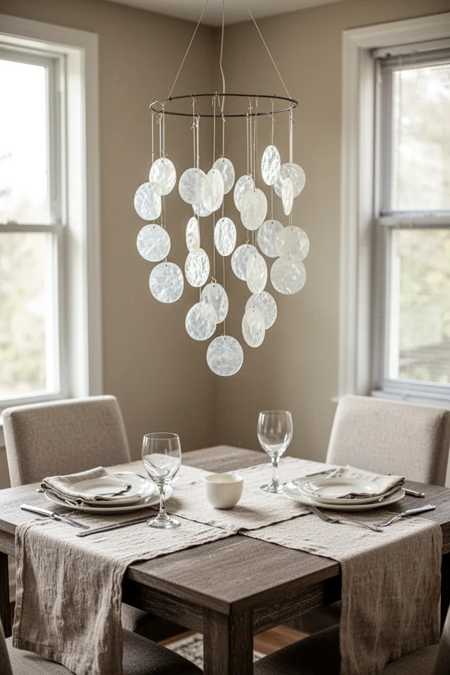 16 Capiz Shell Decor Ideas For A Dreamy Coastal Summer A dining table set for two, with a capiz shell mobile hanging above. The mobile is a simple wire ring with capiz discs hanging at varying lengths on fishing line. The shells are slightly translucent, catching light from a nearby window. Neutral linens on the table.