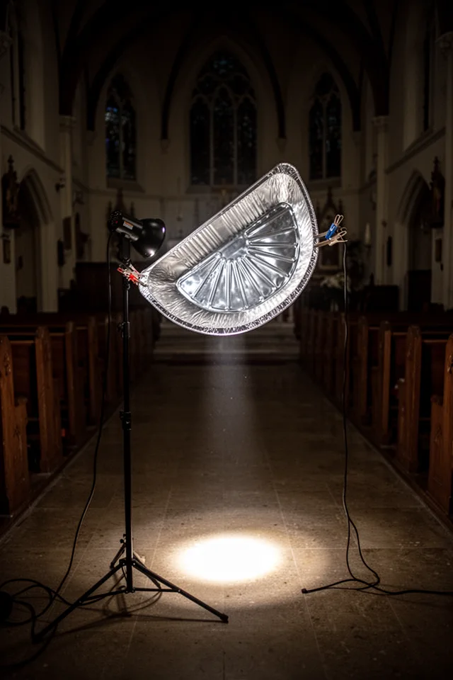 A disposable aluminum foil roasting pan, cut in half and shaped into a parabolic curve, clipped to a standing work light. The pan reflects the light into a concentrated beam. The setup is in a dark church basement. Bright spot on the floor.