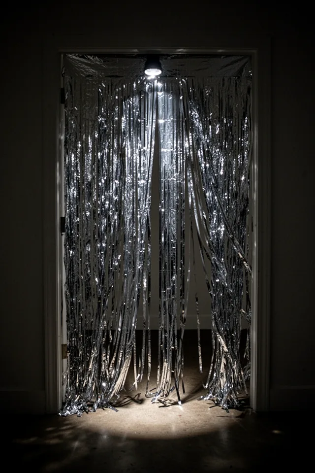 A doorway hung with strips of silver mylar emergency blanket material, cut into fringe. The mylar catches light from a single spotlight, creating a shimmering, rippling effect. The fringes move slightly, suggesting a breeze. Dark room, focused light.