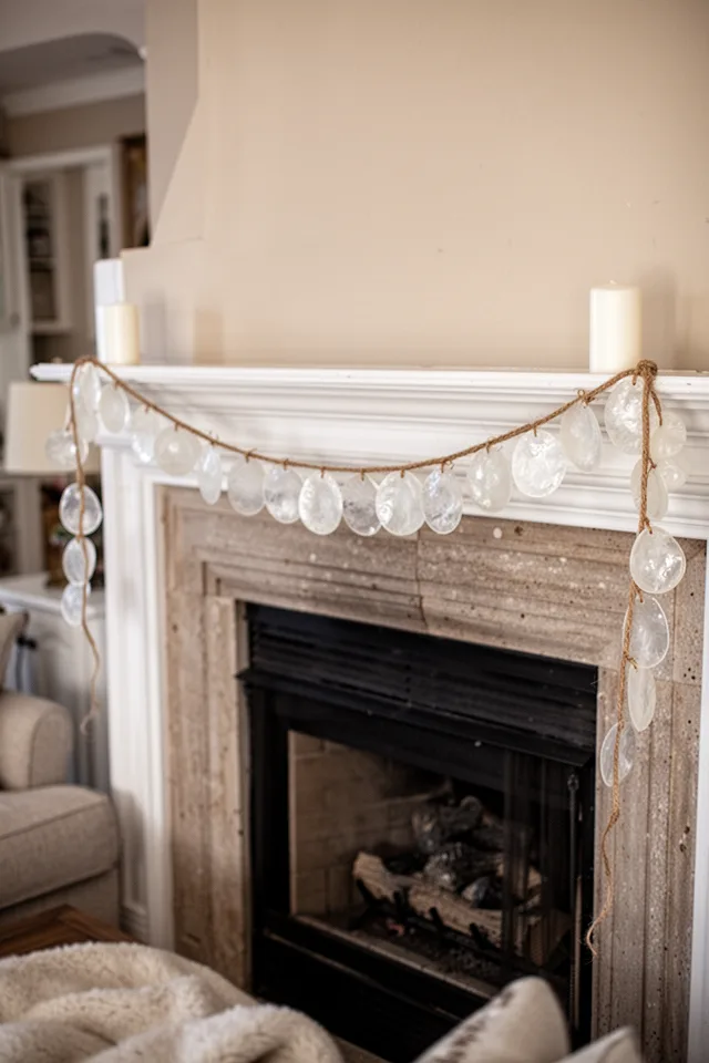 16 Capiz Shell Decor Ideas For A Dreamy Coastal Summer A fireplace mantel decorated with a garland of capiz shells strung on jute twine. The shells are a mix of round and teardrop shapes, alternating. A simple white candle sits at each end. Soft, cozy living room lighting.