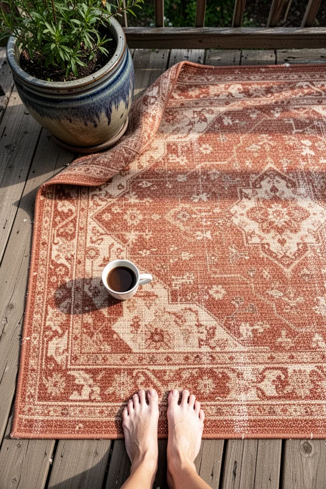 18 Cozy Patio Ideas To Enjoy This Summer A flat-weave outdoor rug in a warm terracotta pattern, lying on a wooden deck. The edges are slightly curled on one corner, but it’s held down by a heavy ceramic planter. Morning light, coffee cup on the rug, bare feet. Shot from above, showing texture. Slightly worn look.