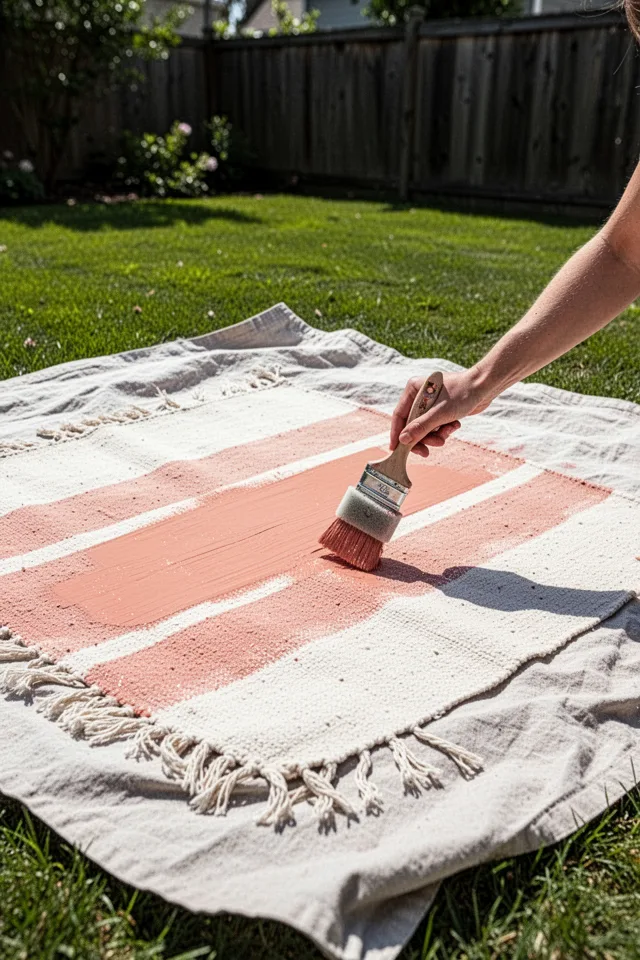 A flatweave cotton rug laid out on a drop cloth in a sunny backyard. A person