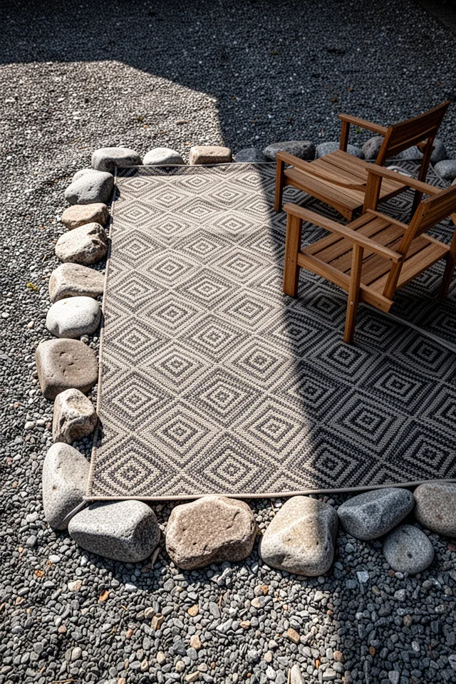 A flatwoven polypropylene rug laid over a tightly packed gravel area. The rug is in a muted diamond pattern in taupe and charcoal. The edges are held down by large river stones. A pair of low wooden chairs sit on the rug. The gravel underneath is visible at the edges. Midday sun creates a sharp line between the rug and the surrounding stone.