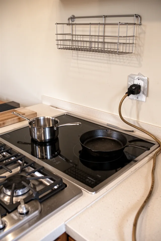 A flush induction cooktop sits in the countertop next to the grill. A small stainless steel saucepan is on one burner, and a cast iron skillet on another. The cooktop surface is black glass. Above, a simple metal spice rack is mounted on the wall. The cooktop is powered by a heavy-duty extension cord that runs to a covered outlet.
