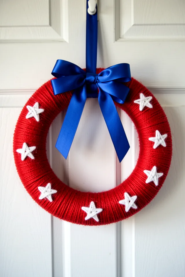 A foam wreath form wrapped entirely in red yarn, with a wide blue ribbon bow and small white yarn stars glued around it. The wreath hangs on a white door. Soft morning light, no harsh shadows. Simple, clean, handmade look.