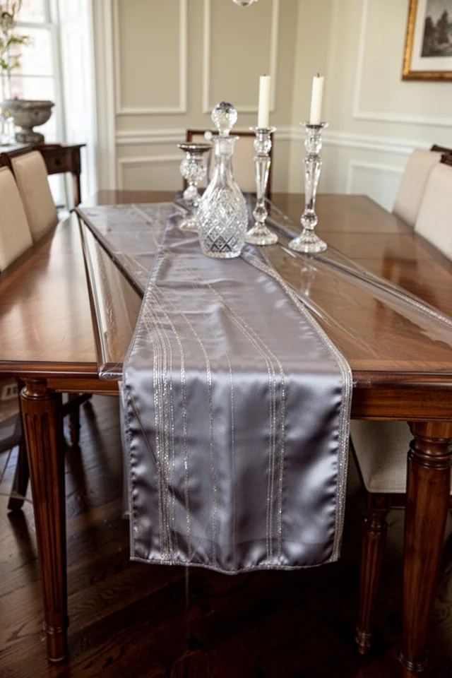 A formal dining room with a large sideboard or buffet table against a wall. On top of the sideboard, a narrow silk runner in a soft gray with subtle metallic threads. The runner is about 2 feet wide and 6 feet long, draping slightly over the edges. The sideboard holds a crystal decanter and two candlesticks. The runner adds a lush, reflective surface that catches the light. The main dining table has no rug underneath — the floor is dark hardwood. The room feels layered but not cluttered.
