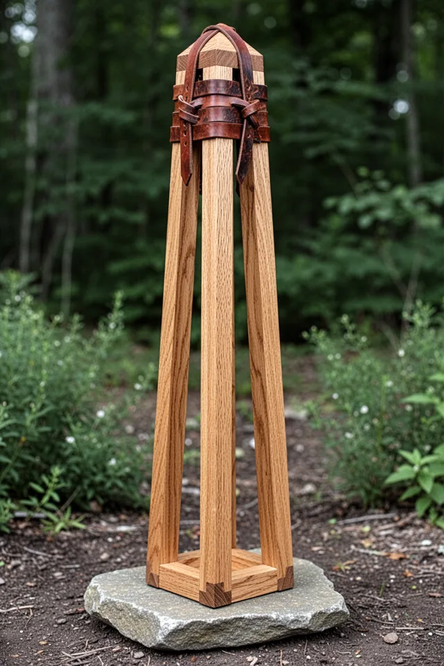 A four-sided obelisk made from square oak dowels, lashed together at the top with strips of undyed leather. The leather darkens with handling and develops a patina distinct from the wood. The base sits on a flat stone to prevent rot. The whole thing stands about five feet tall, narrow enough to fit in a large pot.