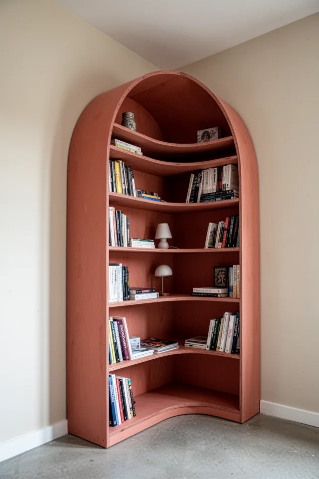 A freestanding arched bookshelf that stands alone in a corner, not attached to any wall. The arch is made of plywood, painted a muted terracotta. The shelves curve along the arch