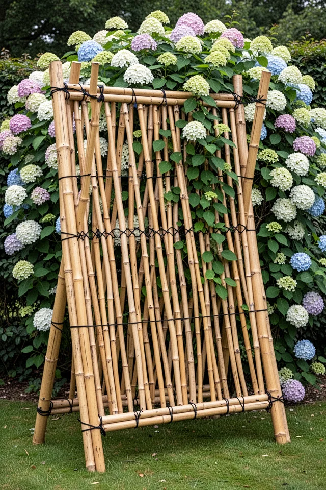 A freestanding screen built from thick bamboo poles (2-inch diameter) lashed together with black UV-resistant cord. The screen is six feet tall and four feet wide, with a slightly diagonal tilt to suggest movement. Behind it, a climbing hydrangea has covered the back, and the bamboo poles are barely visible, just structural bones beneath the foliage.
