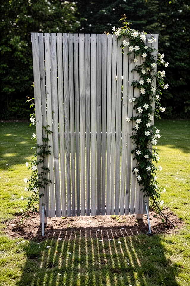 A freestanding screen made from cedar slats, about six feet tall and four feet wide, set in a bare patch of lawn. The cedar has silvered to a soft grey. The slats are spaced an inch apart, casting striped shadows on the ground. A climbing jasmine twines up one side. The screen is slightly tilted, anchored with two metal stakes.