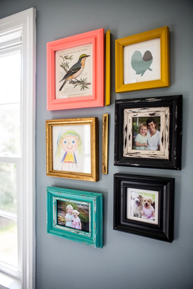 A gallery wall with frames in different colors—coral, mustard, teal, black—against a grayish-blue wall. The frames hold mismatched art: a vintage bird print, a child’s drawing in a gold frame, a photo in a painted thrift-store frame. The effect is joyful, not chaotic. Natural window light hits the frame surfaces.